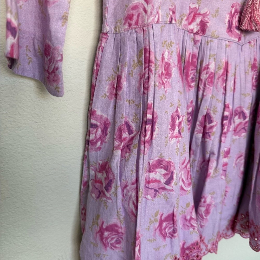 LoveShackFancy Lavender Dress with Pink Rose Print and Neck Tie - Picture 6 of 6